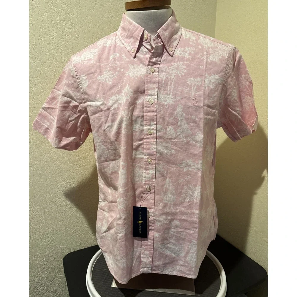 Polo Ralph Lauren Shirt Men L Pink Hawaiian Cotton Linen Classic Fit Button Up